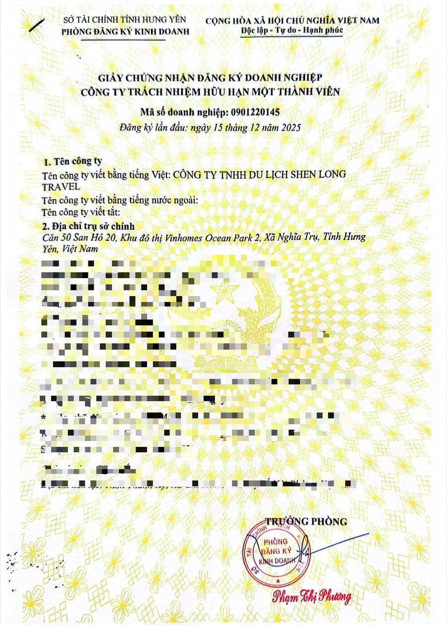 CÔNG TY TNHH DU LỊCH SHEN LONG TRAVEL 營業登記證